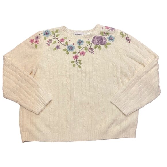 Vintage Alfred Dunner Floral Embroidered Beaded Cream Sweater S - Picture 1 of 5
